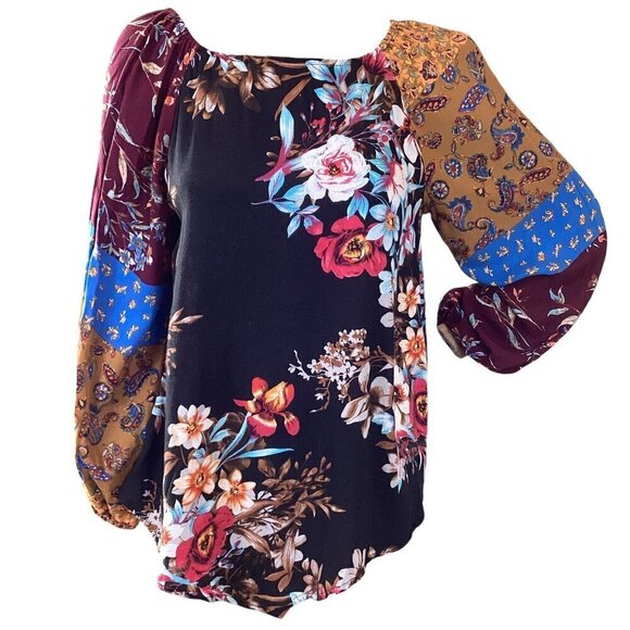 Oddy Mixed Pattern Colorful BOHO Peasant Tunic Top Sz S #311i - Picture 1 of 8